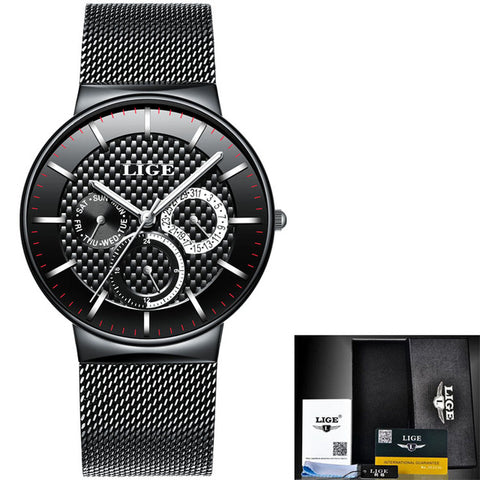 LIGE Fashion Luxury Quartz Watch Men Casual Slim Mesh Steel