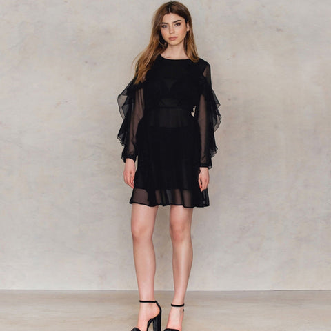 HDY Haoduoyi Solid Black Mesh Sheer Sexy Women Mini Dress