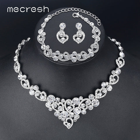 Mecresh Heart Crystal Silver Color Wedding Jewelry Necklace Sets