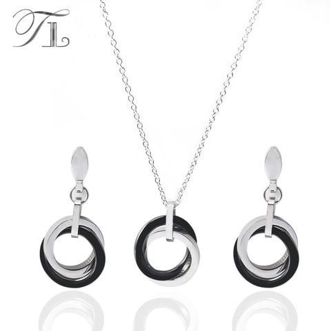 TL Silver Ceramic Black&White Wedding Stainless Steel Jewelry Set