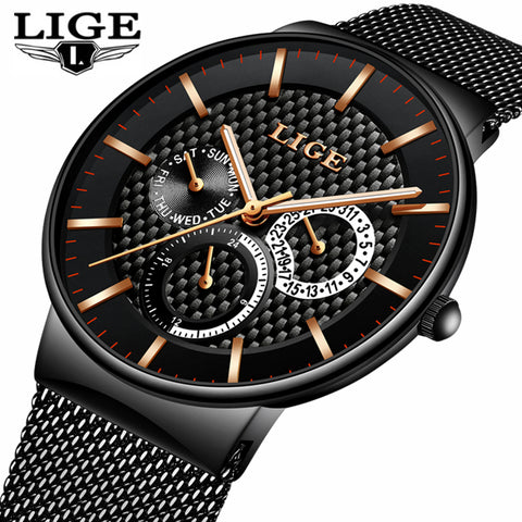 LIGE Fashion  Luxury Quartz Watch Men Casual Slim Mesh Steel