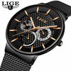 LIGE Fashion  Luxury Quartz Watch Men Casual Slim Mesh Steel